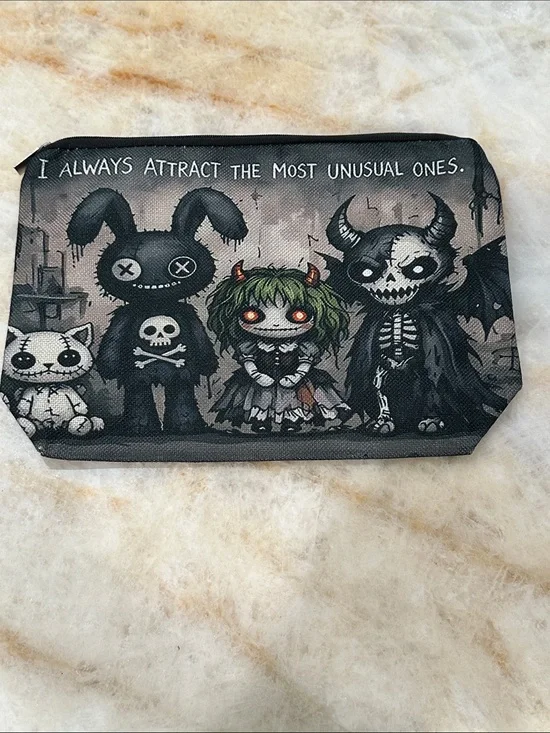 Gothic Cute Character Zip Pouch - Black & Gray with Green Accents