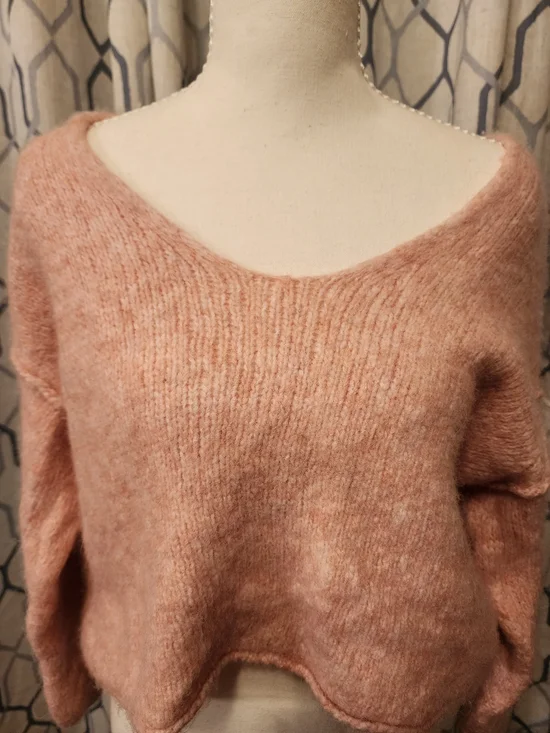 Free People Cuddle Up Alpaca Wool Blend V-Neck Cropped Pullover Sweater M Pink