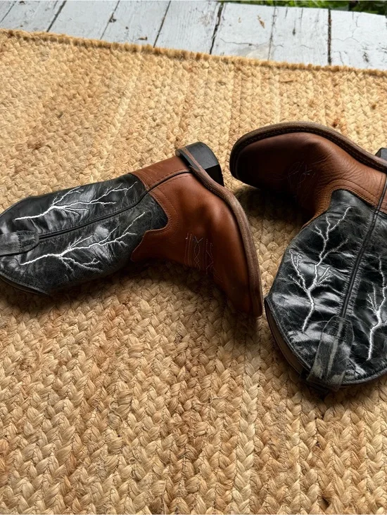 Cody James Kids Size 11 D Black Brown Leather Lightning Square Toe Western Boots