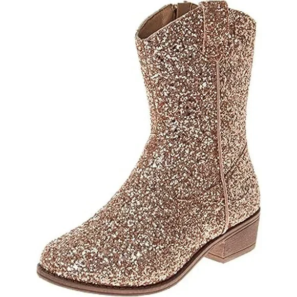 New Josmo Big Girls 4 Rose Gold Glitter Mid Calf 1.5