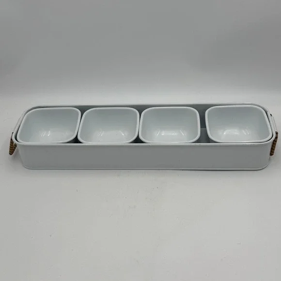 White Enamel Metal Condiment Server Set 4 Bowls Rectangular Tray Rattan Handles