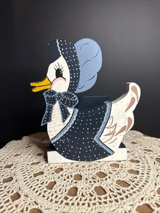 Hand-Painted Polka Dot Duck Figurine - Navy & Light Blue