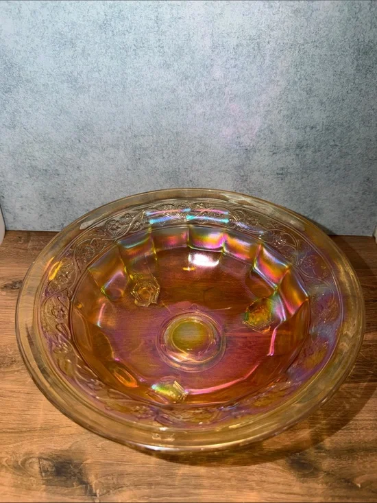 Iridescent Carnival Glass Serving Bowl - Amber