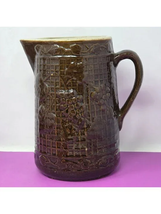 Vintage Brown Stoneware Glazed Pitcher Grape‎ Vine Design Rustic Farmhouse Decor