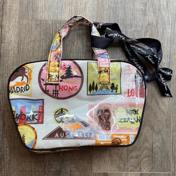 Nick & Nora Travel Stamp Print Cosmetic Bag Vinyl World Tour Multicolor Ribbon
