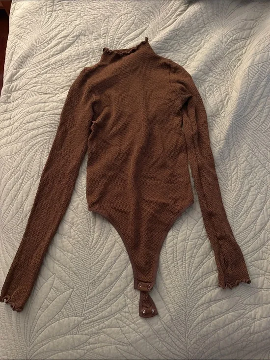 Free People Brown Long-Sleeve Mock Neck Bodysuit