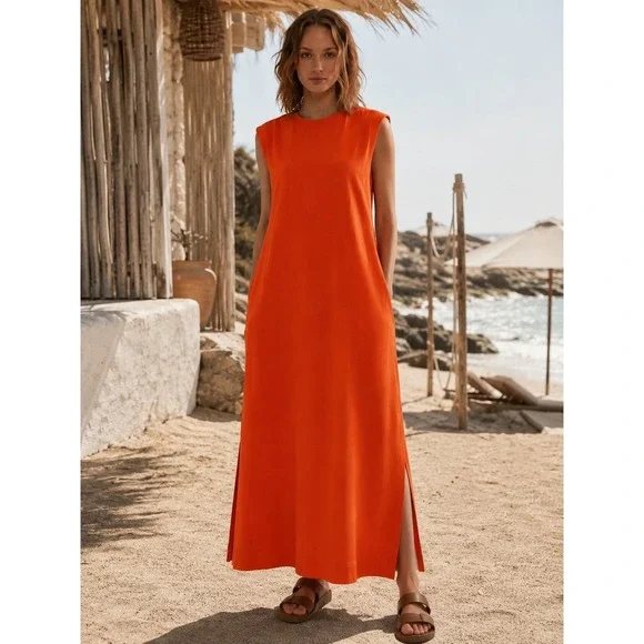 Free People Beach Orange Maxi Dress Sleeveless Side Slit Pockets Cotton Modal SP