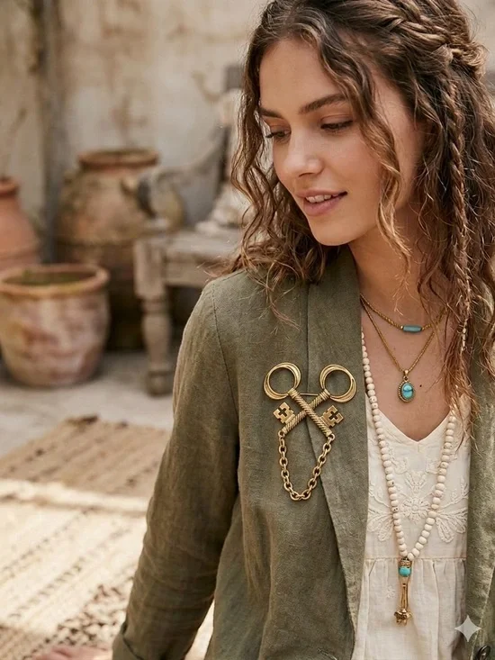 Free People Gold Tone Double Skeleton Key Brooch Chain Swag Pin NWT