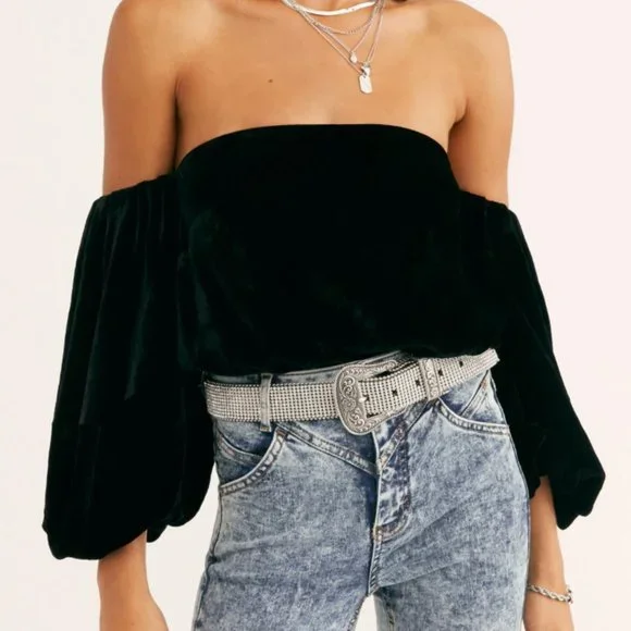 Free People Black Off-Shoulder Velvet Peasant Top