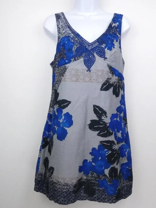 Free People Dress Womens 6 Blue Floral Print Frock Shift Mini Lined Size Zip