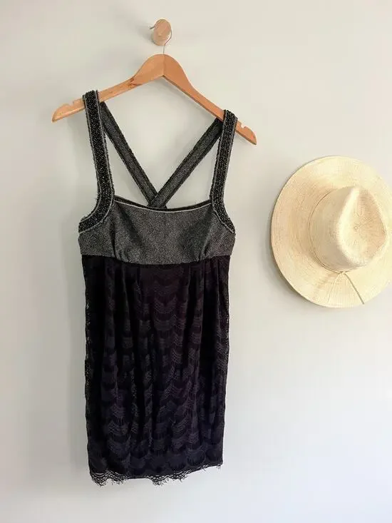 Free People | All The Right Moves Gray and Black Beaded Tweed Lace Dress | Sz 4