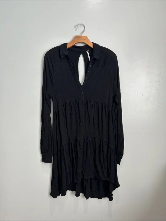 Free People Black Long-Sleeve Tiered Button-Up Dress