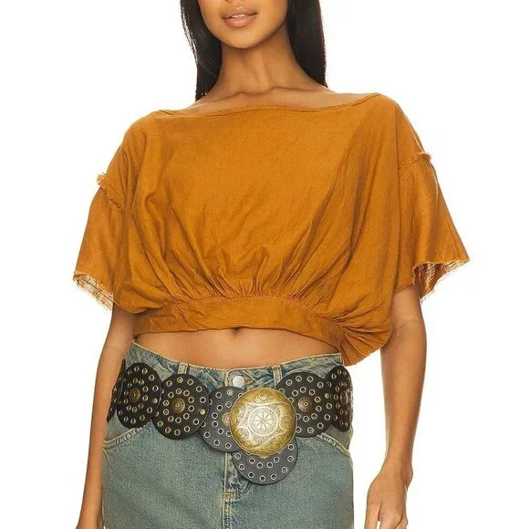 Free People Cloud 9 Bubble Tee Linen Blend in Pecan Brown M