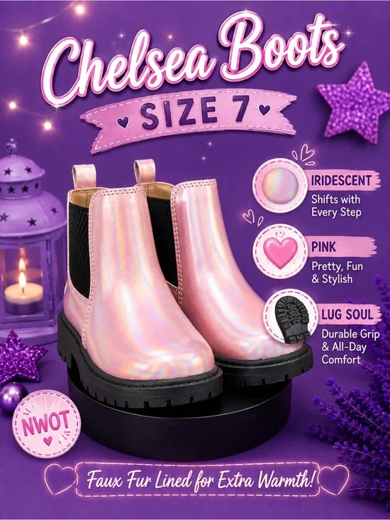 Girls' Iridescent Pink Sz 7 Slip-On Kids Shoes Boots lug soles