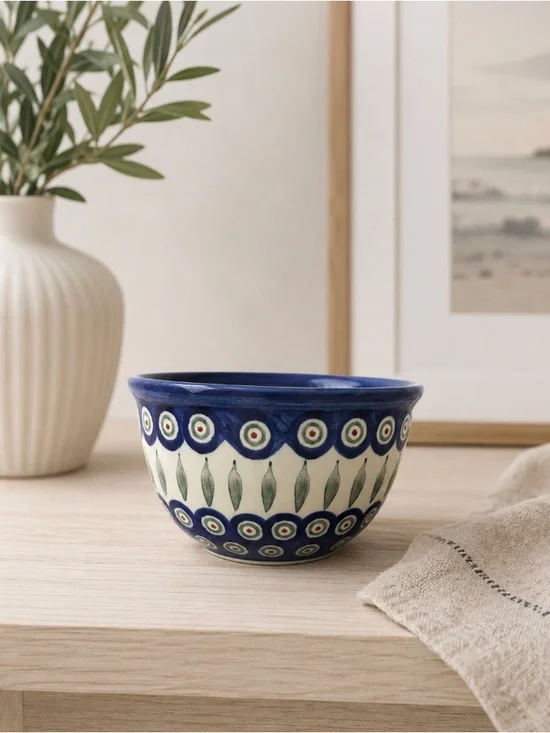 Handmade Polish Pottery Ceramic bowl ceramika artystyczna bowl Blue Green Leaves