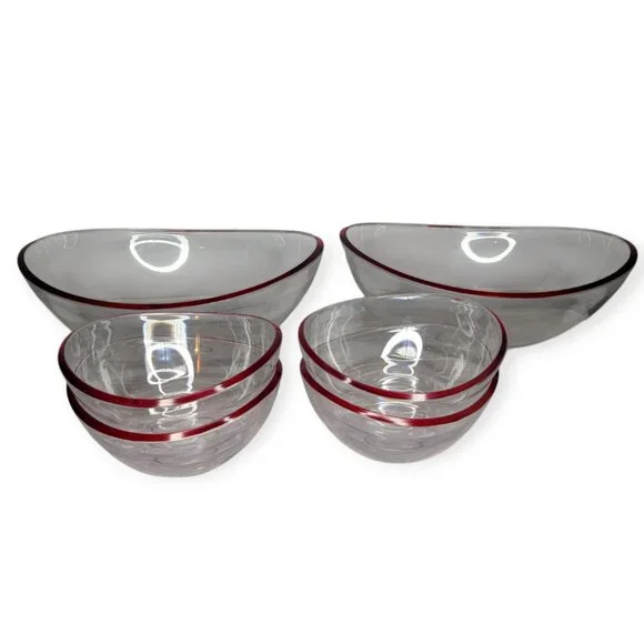 Red Rimmed Clear Plastic Oval Bowls 2 Large 4 Small