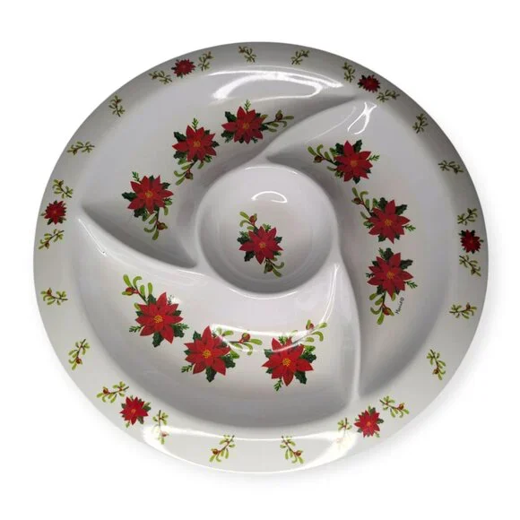 Christmas Poinsettia Melamine 4 Compartment Round Tray 15