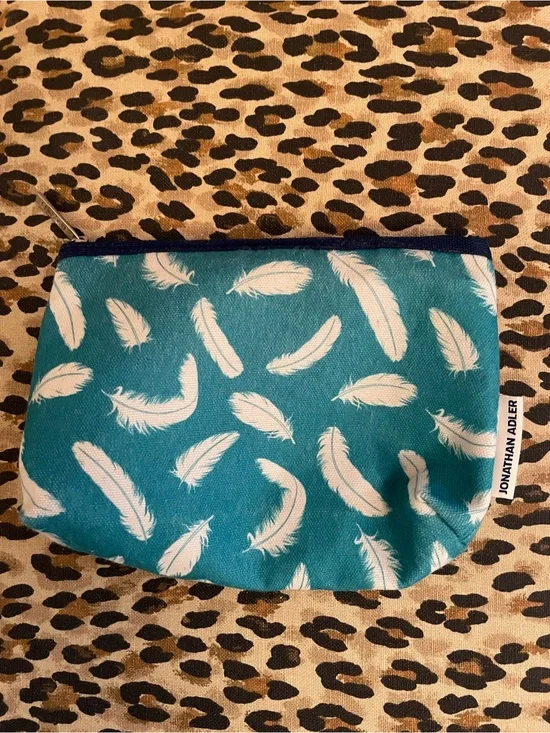 Jonathan Adler Teal and White Feather Print Pouch with zip 8.5 x 7”