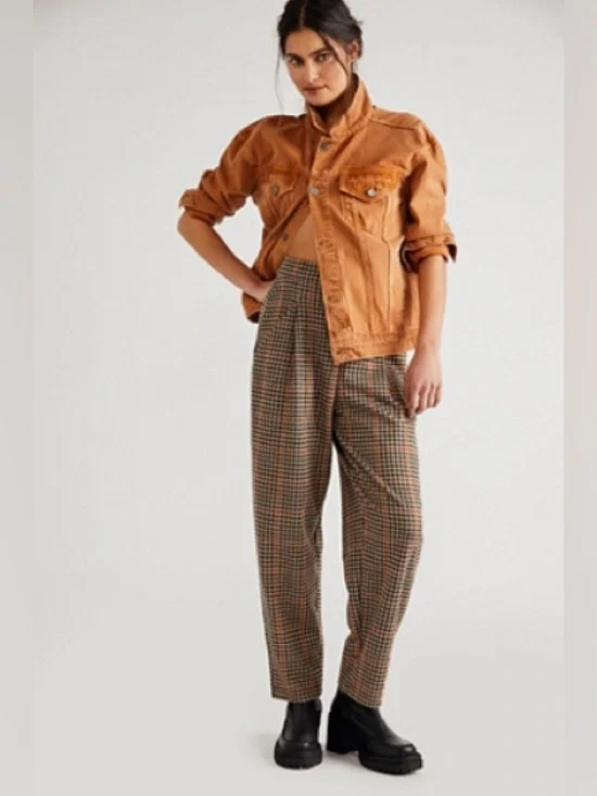 Free People Brown Posey Plaid Pants High Rise Pleated Tapered Leg Trousers Boho