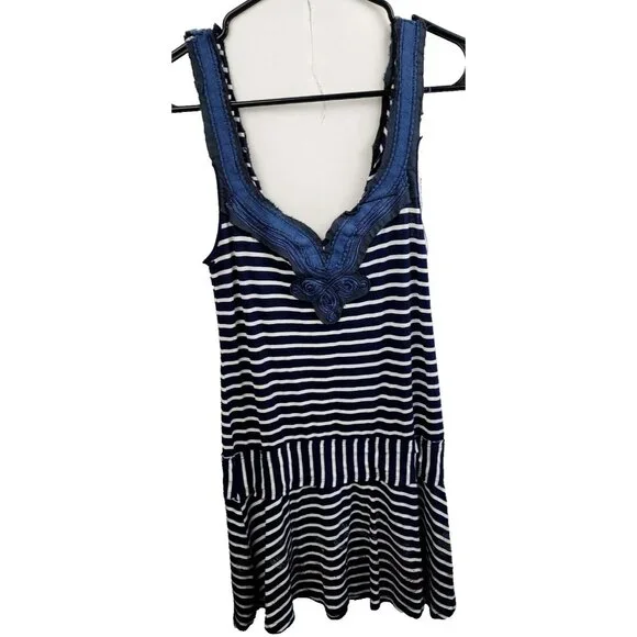 Vintage Free People Womens‎ BOHO Tank Top XS Blue White Embroidered Striped