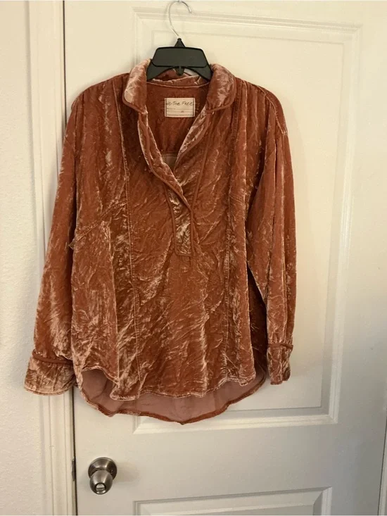 Free People We The Free Luxy Velvet Blouse Top Terracotta Rust Cedar Wood XS