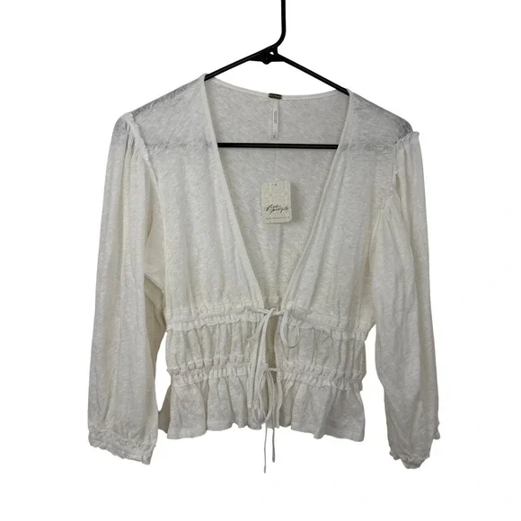 Free People Top Womens XS Ivory Let's Go Blouse Smocked Tie Front Linen  NWT