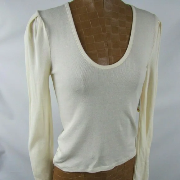 Free People Cream Long Sleeve Scoop Neck Top