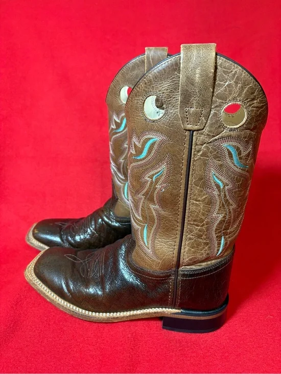 Old West Youth 6D Brown Leather Square Toe Cowboy Boots Blue Stitching