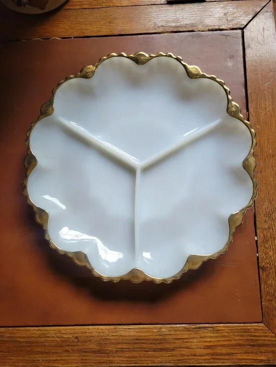 Anchor Hocking Fire King 3-section DIVIDED PLATE white milk glass dish Vintage