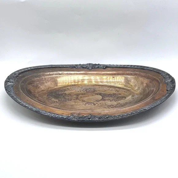 Antique Victorian Silverplate Oval Serving Bowl Tray Ornate Floral Scroll‎