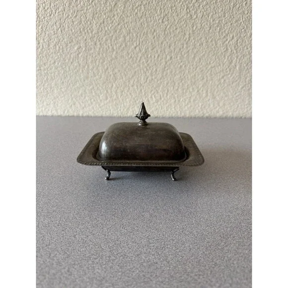 Vintage Silverplate Footed Butter Dish w/ Glass Insert Covered Butter Server 6”