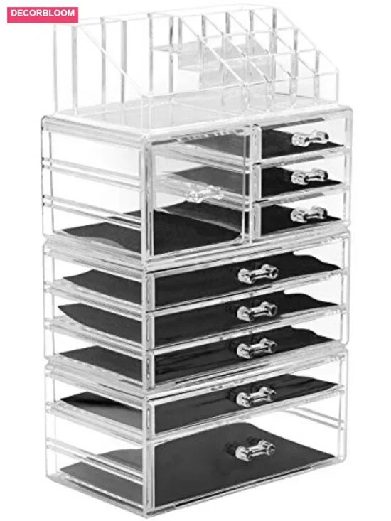 Large Clear Acrylic Makeup Organizer - Detachable 4-Piece Cosmetic Storage Set