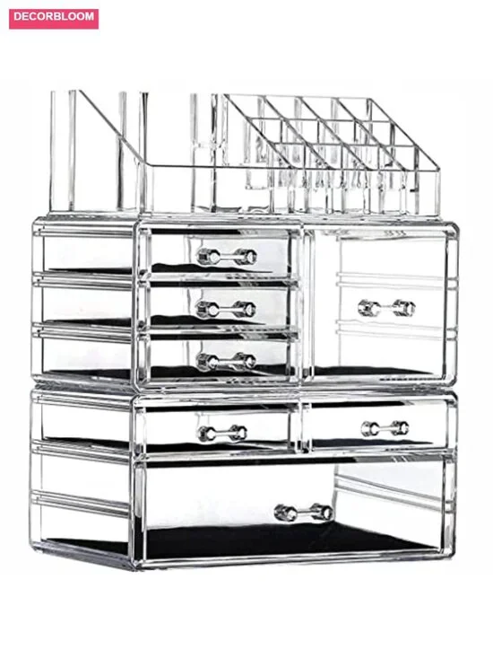 Stackable 7 Drawer Clear Acrylic Makeup Organizer with Brush Holder