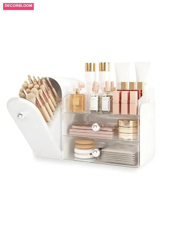 Large Makeup Organizer with Dustproof Brush Holder, 2 Clear Drawers for