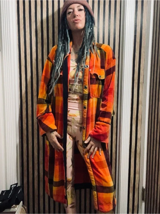 Free People Plaid Chenille Long Trench Coat with front pockets