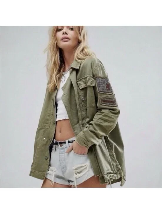 Free People Embellished Military Shirt Jacket