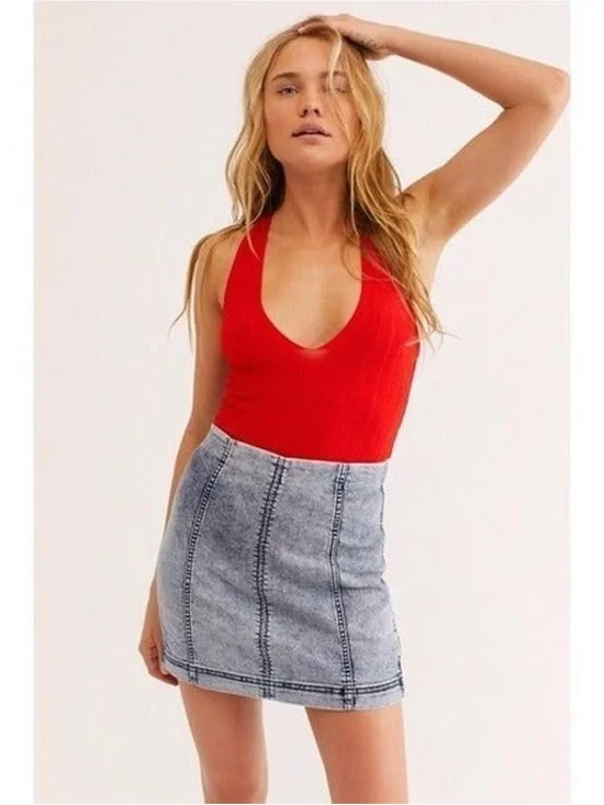 Free People Red Ribbed Scoop Neck Bodysuit
