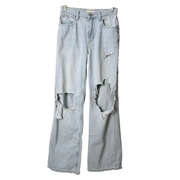 We The Free High Rise Wide Leg Jeans Womens 26 Blue Light Wash Distressed Baggy