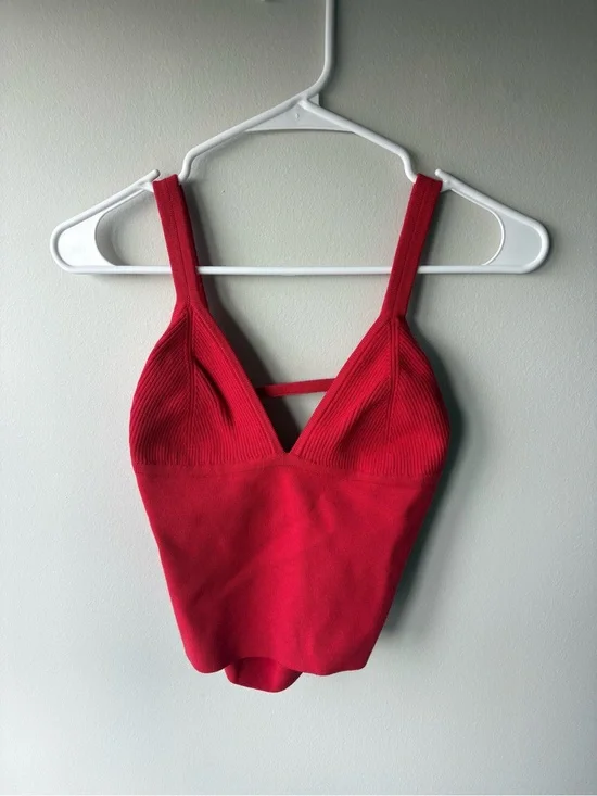 Free People Red Ribbed V-Neck Tank Top