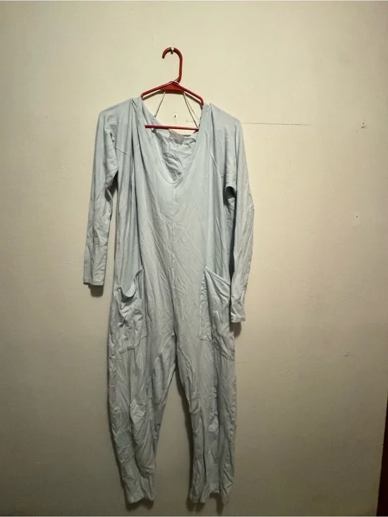 Free People Light Blue Long-Sleeve V-Neck Jumpsuit
