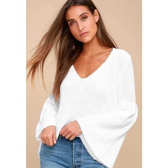 Free People White Bell Sleeve Knit Sweater Size Small
