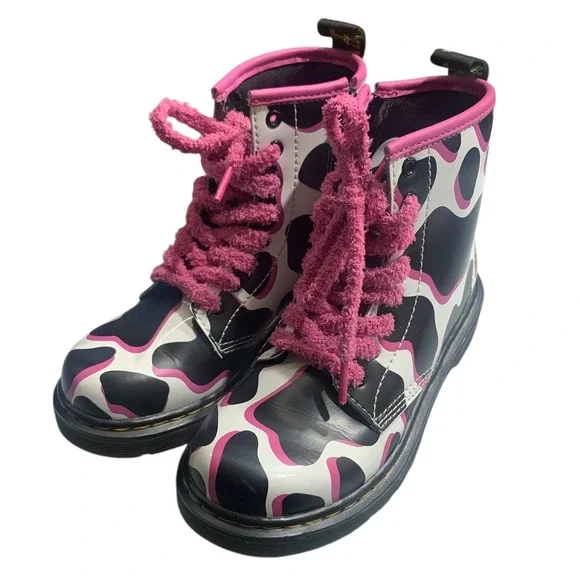 Kids Dr Martens Boots Cow Print Pink Laces Side‎ Zip Youth Size 1