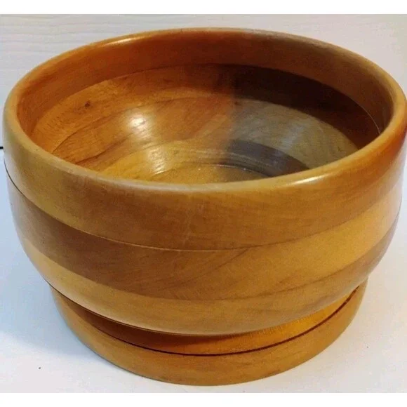 Vintage Mid Century Segmented Wooden Bowl Laminated Wood Layered Base 6.5