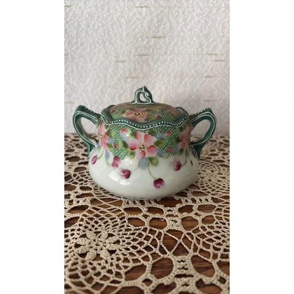Antique Hand Painted Japanese Moriage Covered Sugar Bowl