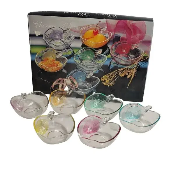 KIG Cherry Blossom Apple Glass Bowl Set 6 PC Clear w/ Box 5