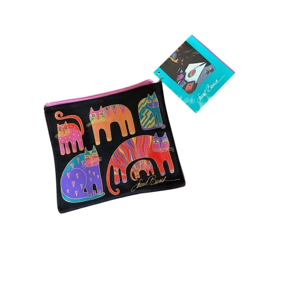 Laurel Burch Vintage Cat Canvas Zipper Pouch Makeup Bag Multi Color NWT