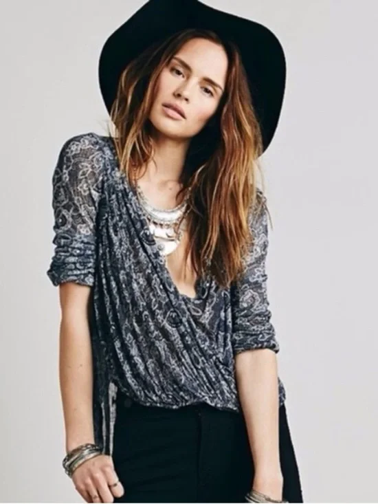 Free People Black Paisley Draped Wrap Blouse
