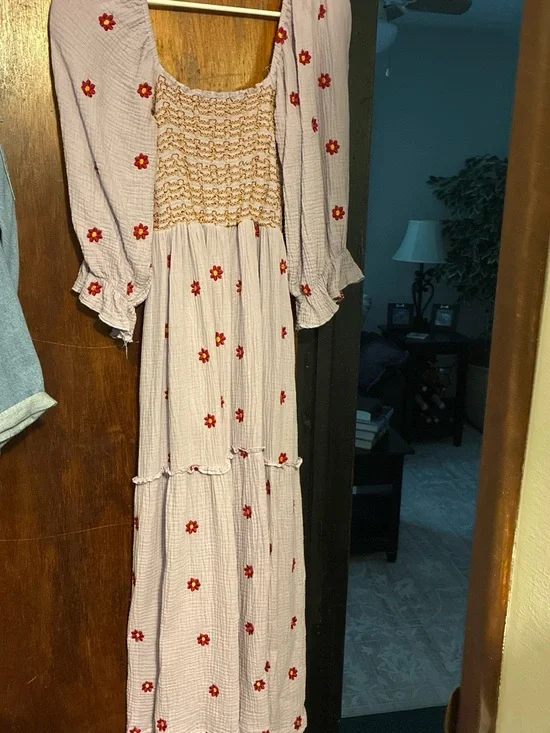 Free People Lavender Maxi Dress with Red Flower Embroidery