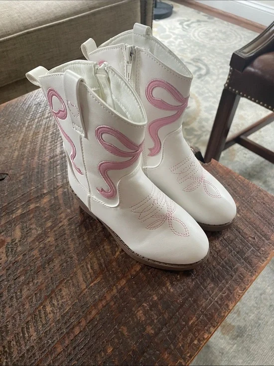 Kids White Cowboy Boots with Pink Accent Stitching