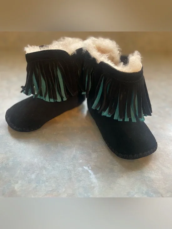 UGG Black Suede Kids Fringe Boots with Teal Accents